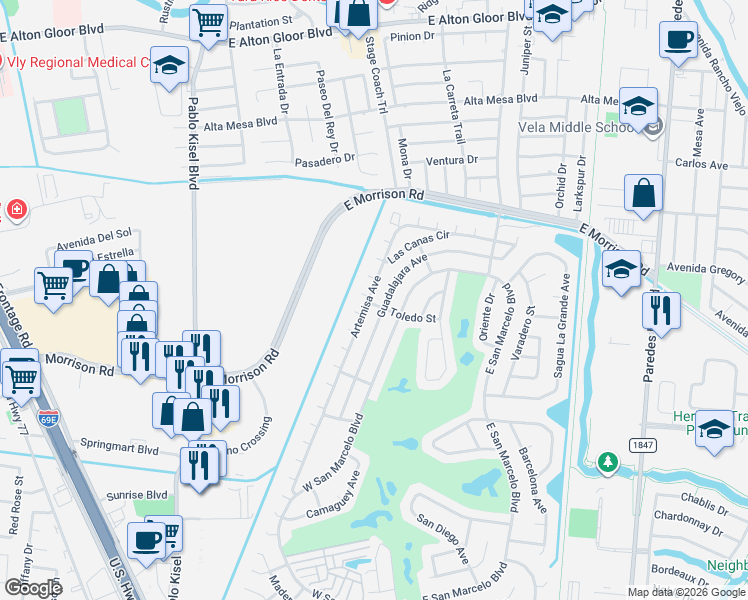 map of restaurants, bars, coffee shops, grocery stores, and more near 1670 Guadalajara Avenue in Brownsville