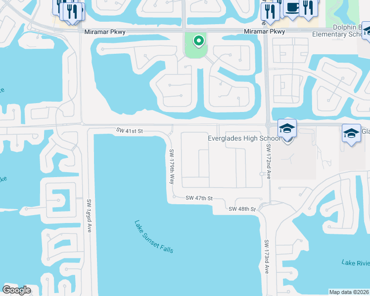 map of restaurants, bars, coffee shops, grocery stores, and more near 4185 Southwest 179th Way in Miramar