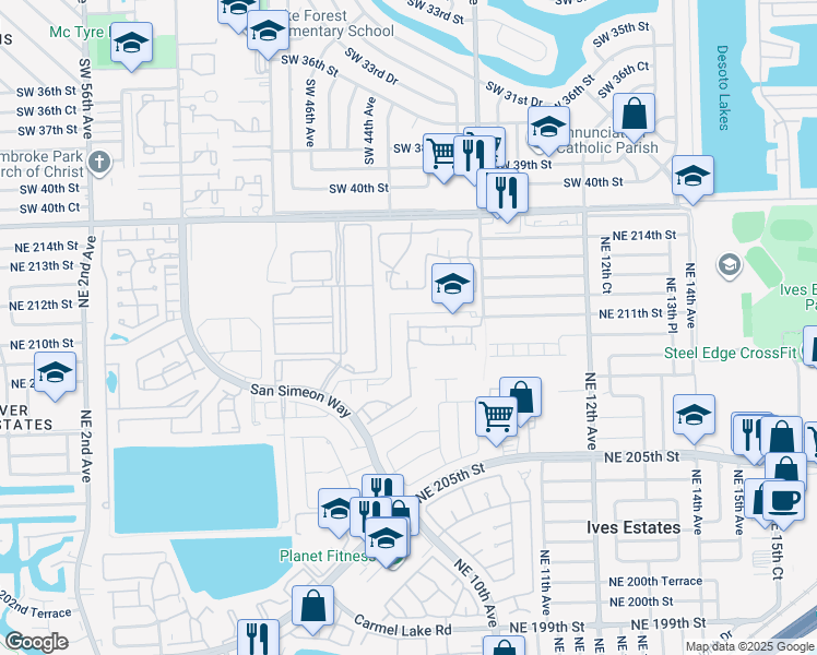 map of restaurants, bars, coffee shops, grocery stores, and more near 20900 Northeast 8th Court in Miami