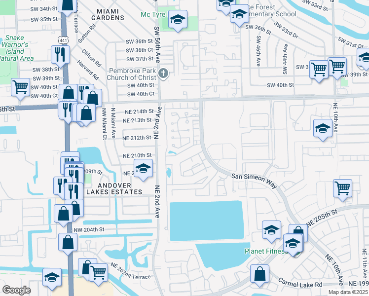map of restaurants, bars, coffee shops, grocery stores, and more near 320 Northeast 211th Street in North Miami Beach