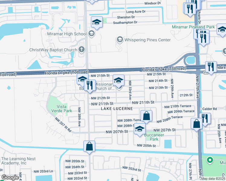 map of restaurants, bars, coffee shops, grocery stores, and more near 3421 Northwest 213th Street in Miami Gardens
