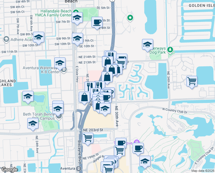 map of restaurants, bars, coffee shops, grocery stores, and more near 2910 Northeast 210th Street in Aventura