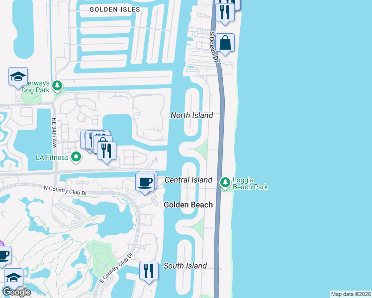 map of restaurants, bars, coffee shops, grocery stores, and more near 494 North Parkway in Golden Beach