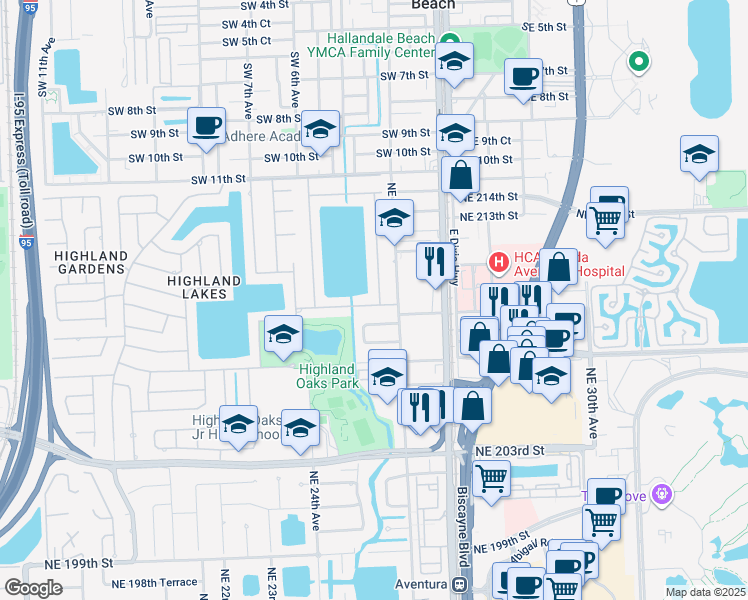 map of restaurants, bars, coffee shops, grocery stores, and more near 2531 Northeast 209th Terrace in Miami