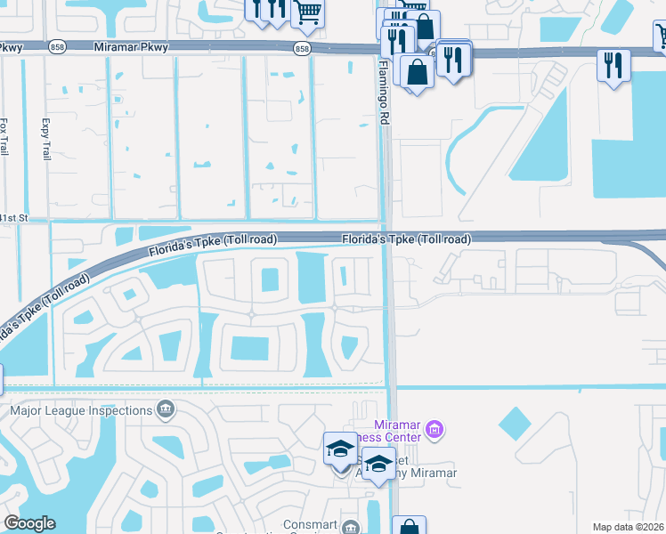 map of restaurants, bars, coffee shops, grocery stores, and more near 12460 Southwest 42nd Street in Miramar