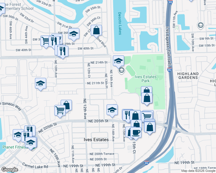 map of restaurants, bars, coffee shops, grocery stores, and more near 21021 Northeast 13th Place in North Miami Beach