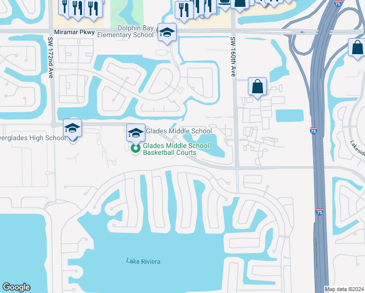 map of restaurants, bars, coffee shops, grocery stores, and more near 16352 Southwest 48th Street in Miramar