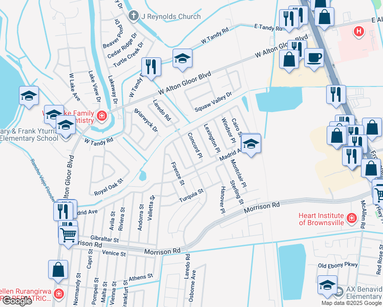 map of restaurants, bars, coffee shops, grocery stores, and more near 4056 Laredo Road in Brownsville