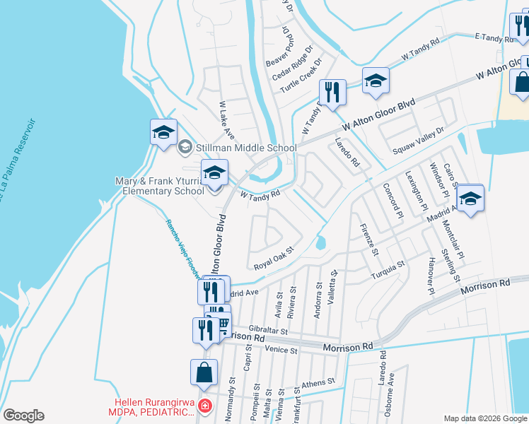 map of restaurants, bars, coffee shops, grocery stores, and more near 1714 Northwood Dr in Brownsville