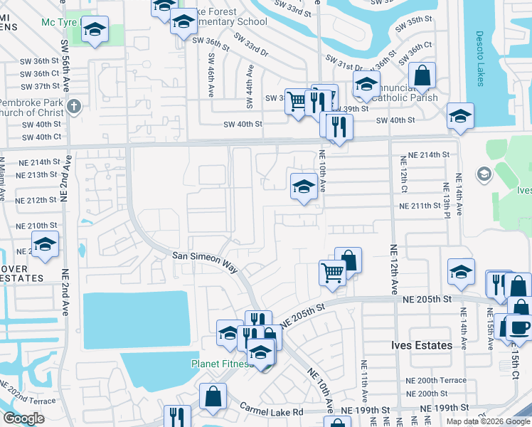map of restaurants, bars, coffee shops, grocery stores, and more near 20825 Northeast 8th Court in North Miami Beach