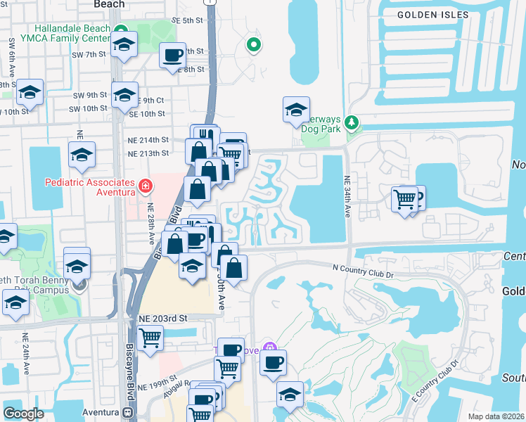 map of restaurants, bars, coffee shops, grocery stores, and more near 3130 Northeast 210th Street in Aventura