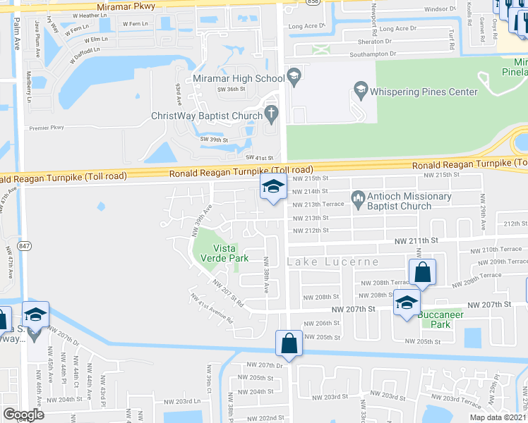 map of restaurants, bars, coffee shops, grocery stores, and more near 3420 Northwest 213th Terrace in Opa-locka