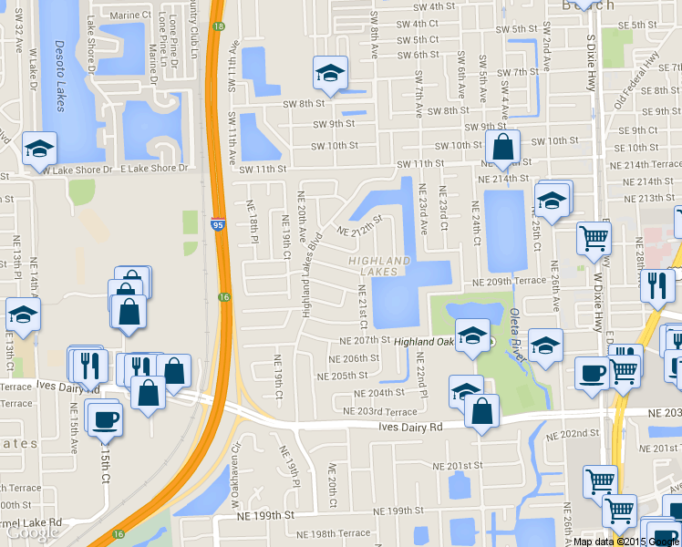 map of restaurants, bars, coffee shops, grocery stores, and more near 2100 Northeast 211th Street in Miami