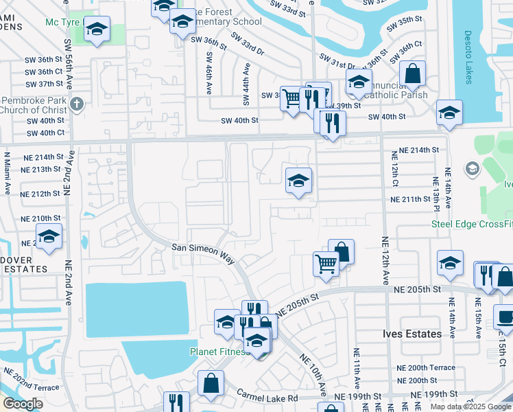 map of restaurants, bars, coffee shops, grocery stores, and more near 20900-20998 Northeast 8th Court in Miami