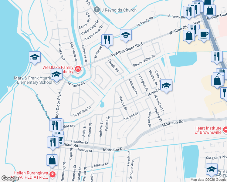 map of restaurants, bars, coffee shops, grocery stores, and more near 2178 Athens Street in Brownsville