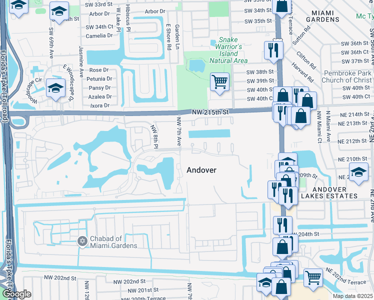map of restaurants, bars, coffee shops, grocery stores, and more near 650 Northwest 210th Street in Miami