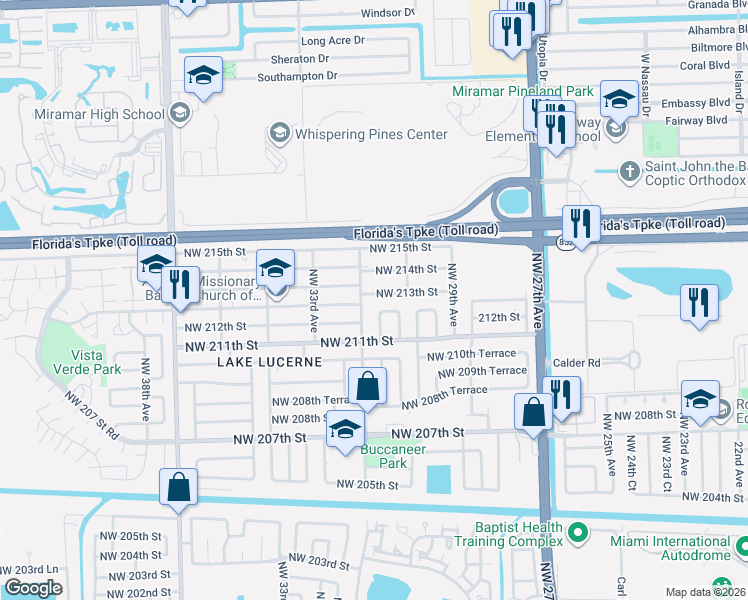 map of restaurants, bars, coffee shops, grocery stores, and more near 3205 Northwest 213th Street in Miami Gardens
