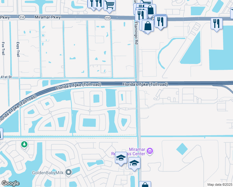 map of restaurants, bars, coffee shops, grocery stores, and more near 4240 Southwest 125th Lane in Miramar