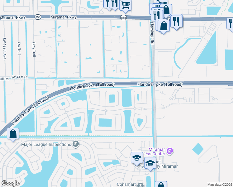 map of restaurants, bars, coffee shops, grocery stores, and more near 4252 Southwest 126th Avenue in Miramar