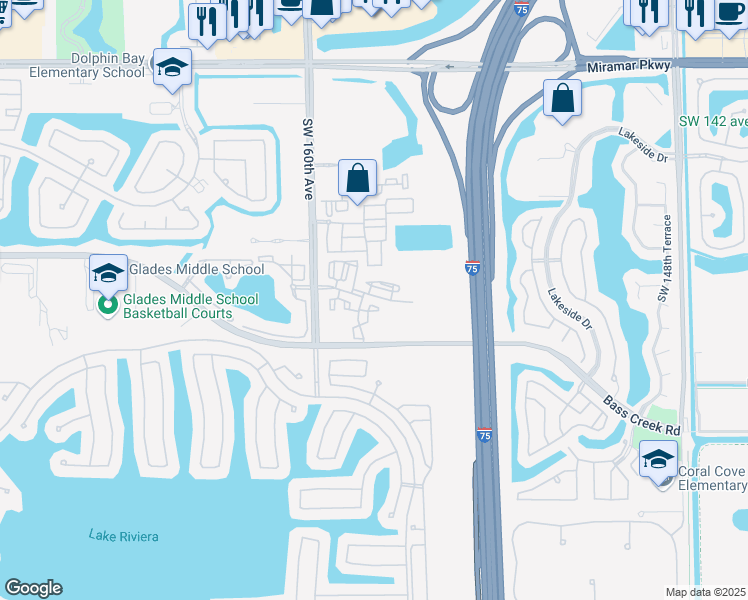 map of restaurants, bars, coffee shops, grocery stores, and more near 4435 Southwest 160th Avenue in Miramar