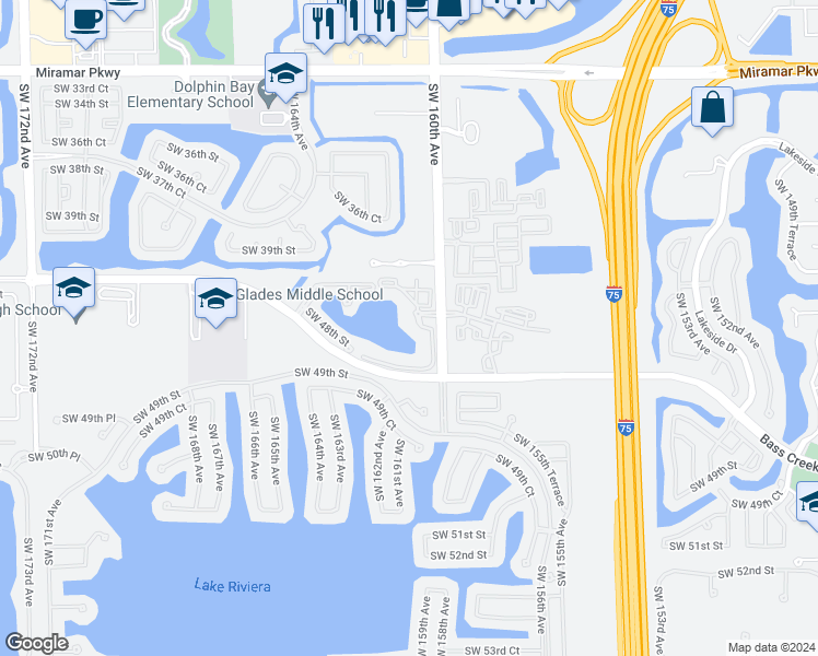 map of restaurants, bars, coffee shops, grocery stores, and more near 4704 Southwest 160th Avenue in Miramar