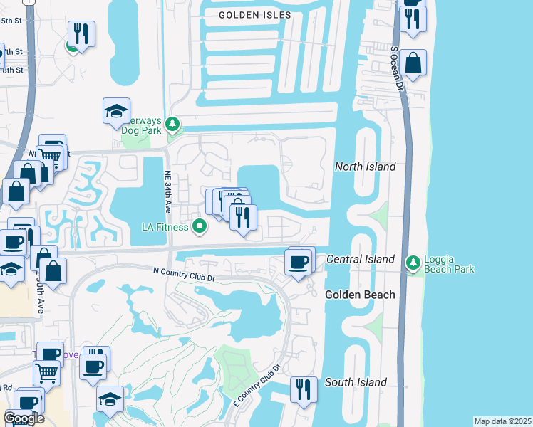 map of restaurants, bars, coffee shops, grocery stores, and more near 3615 Northeast 207th Street in Aventura