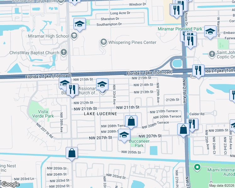 map of restaurants, bars, coffee shops, grocery stores, and more near 3281 Northwest 213th Street in Miami Gardens