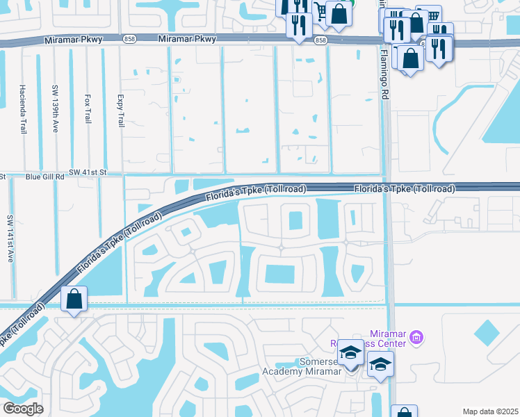 map of restaurants, bars, coffee shops, grocery stores, and more near 12934 Southwest 42nd Street in Miramar