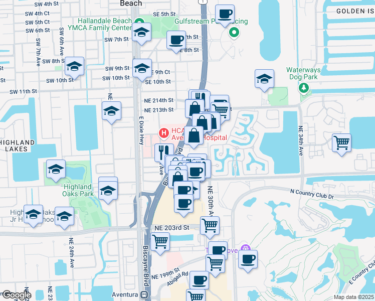 map of restaurants, bars, coffee shops, grocery stores, and more near 2910 Northeast 210th Street in Aventura