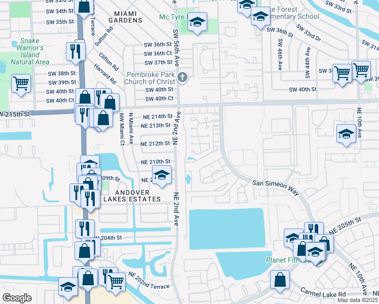 map of restaurants, bars, coffee shops, grocery stores, and more near 211 Northeast 211th Street in North Miami Beach