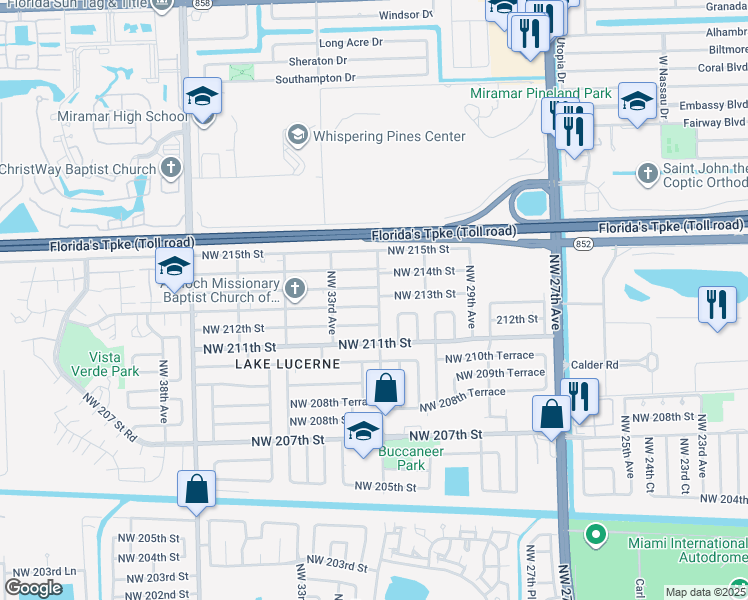 map of restaurants, bars, coffee shops, grocery stores, and more near 3205 Northwest 213th Street in Miami Gardens