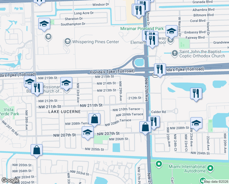 map of restaurants, bars, coffee shops, grocery stores, and more near 2940 Northwest 213th Street in Miami Gardens