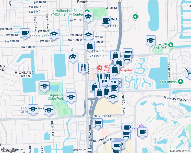 map of restaurants, bars, coffee shops, grocery stores, and more near 21000 Northeast 28th Avenue in Aventura