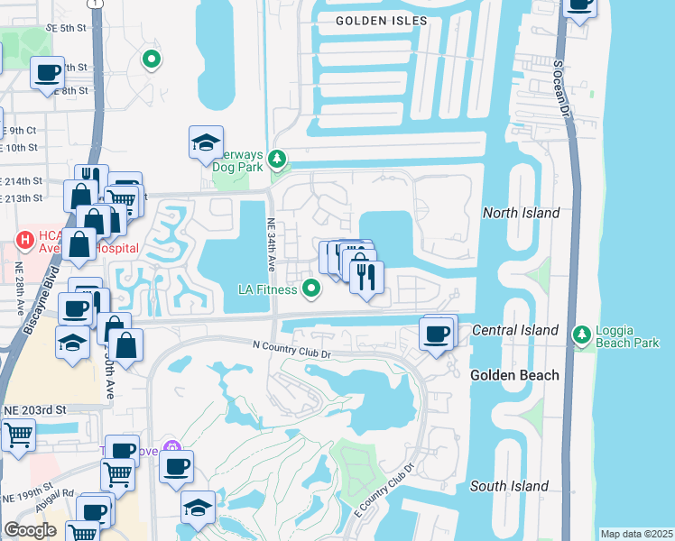 map of restaurants, bars, coffee shops, grocery stores, and more near 3599 Northeast 207th Street in Aventura