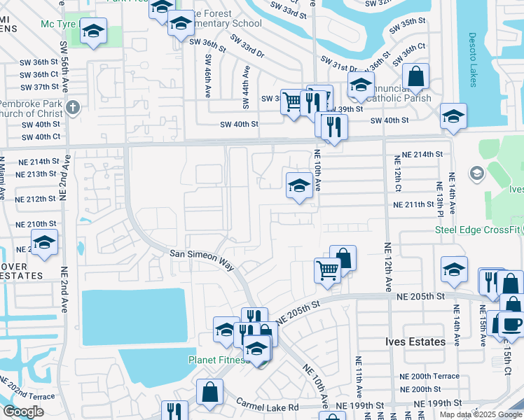 map of restaurants, bars, coffee shops, grocery stores, and more near 20825 Northeast 8th Court in North Miami Beach
