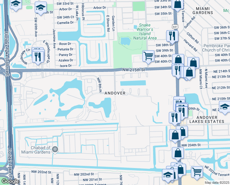 map of restaurants, bars, coffee shops, grocery stores, and more near 820 Northwest 210th Street in Miami
