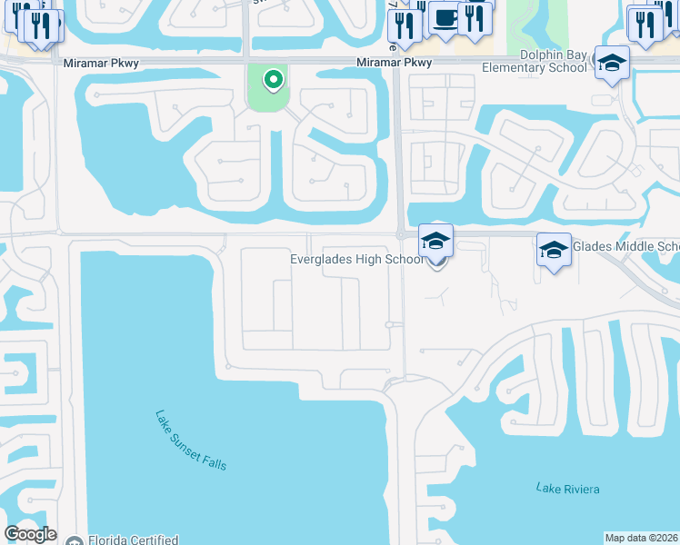 map of restaurants, bars, coffee shops, grocery stores, and more near 17500 North 41st Avenue in Miramar