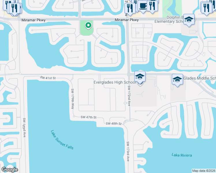 map of restaurants, bars, coffee shops, grocery stores, and more near 17500 North 41st Avenue in Miramar