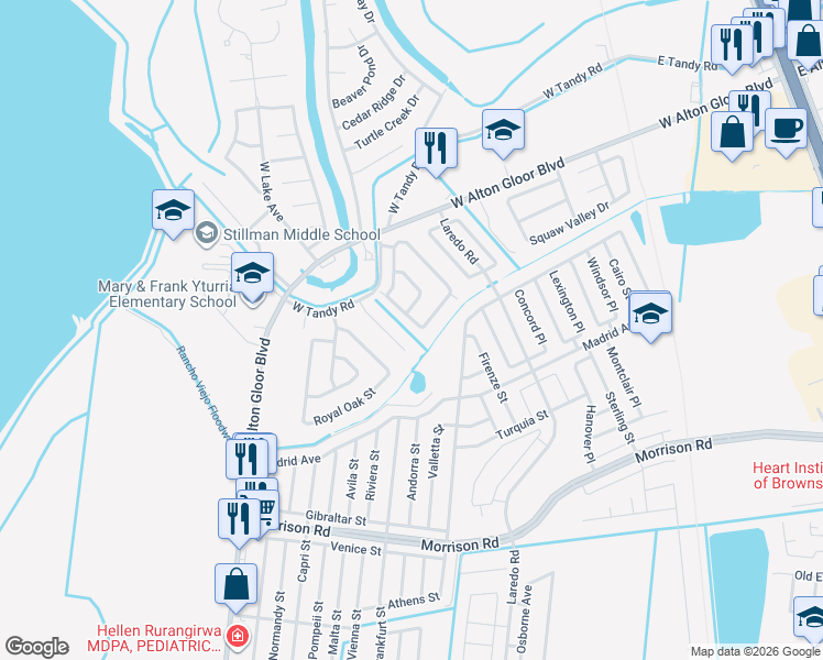 map of restaurants, bars, coffee shops, grocery stores, and more near 1580 Briarwyck Dr in Brownsville