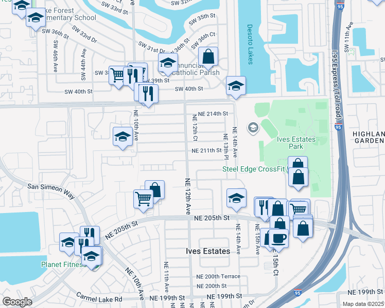 map of restaurants, bars, coffee shops, grocery stores, and more near 1220 Northeast 211th Street in Miami