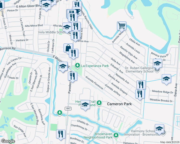 map of restaurants, bars, coffee shops, grocery stores, and more near 2212 Avenida Jeffery in Brownsville