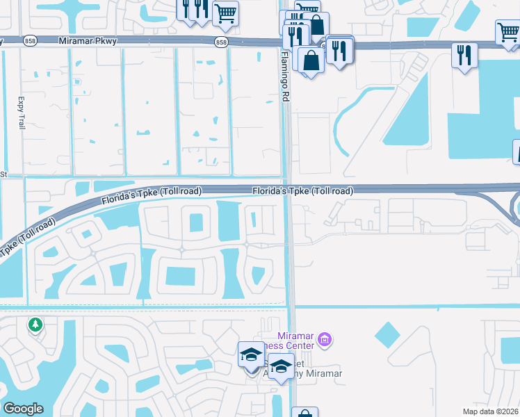 map of restaurants, bars, coffee shops, grocery stores, and more near 12460 Southwest 42nd Street in Miramar