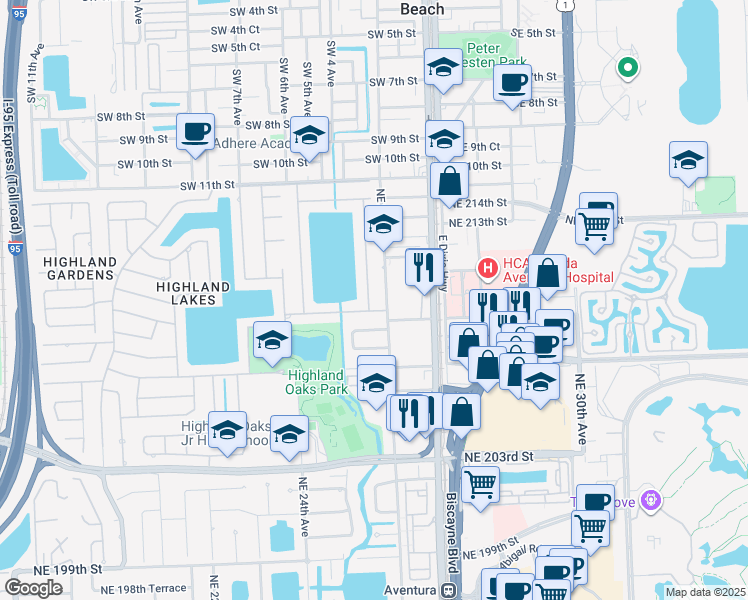 map of restaurants, bars, coffee shops, grocery stores, and more near 20941 Northeast 25th Court in Miami