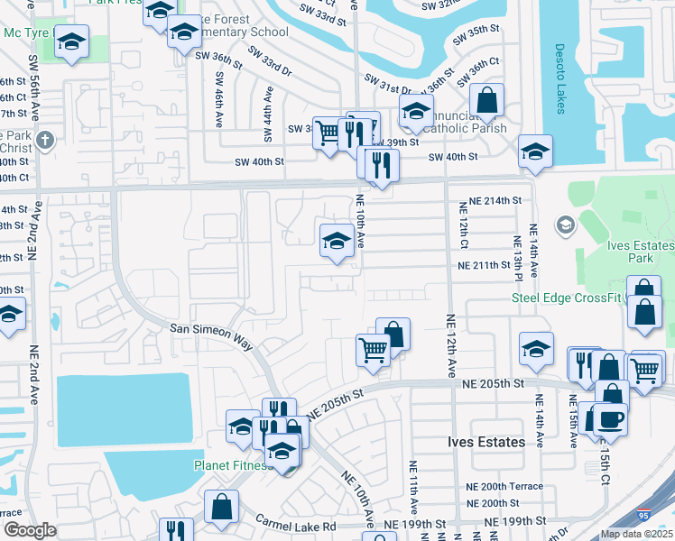 map of restaurants, bars, coffee shops, grocery stores, and more near 842 Northeast 209th Street in North Miami Beach