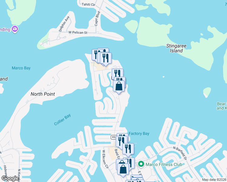 map of restaurants, bars, coffee shops, grocery stores, and more near 1105 Gayer Way in Marco Island