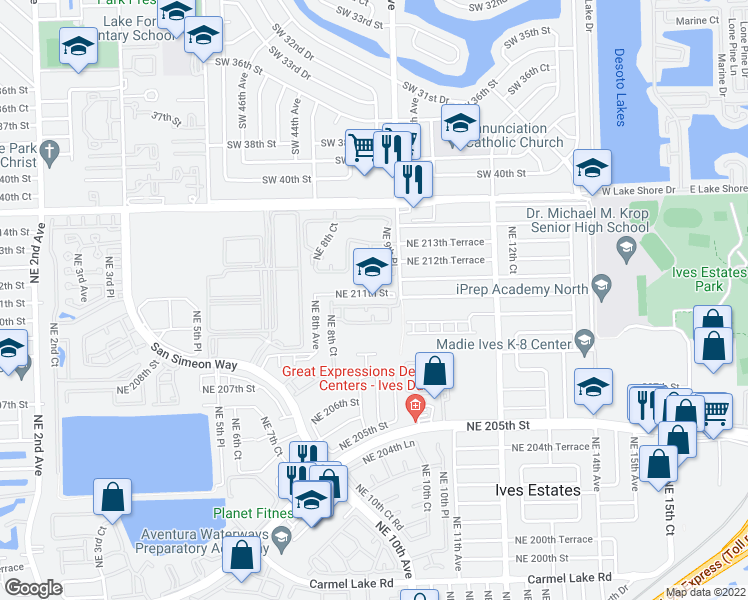 map of restaurants, bars, coffee shops, grocery stores, and more near 842 Northeast 209th Street in North Miami Beach