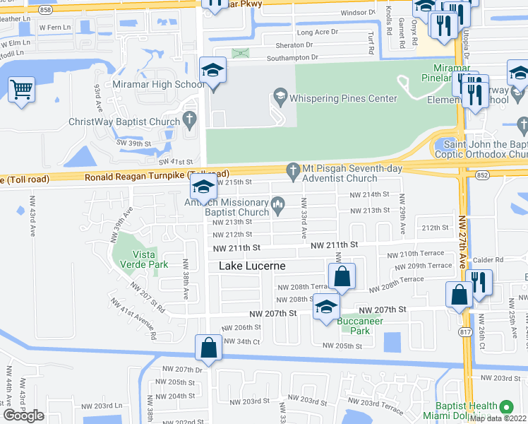 map of restaurants, bars, coffee shops, grocery stores, and more near 3421 Northwest 213th Street in Miami Gardens