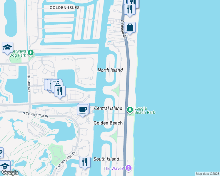 map of restaurants, bars, coffee shops, grocery stores, and more near 494 North Parkway in Golden Beach