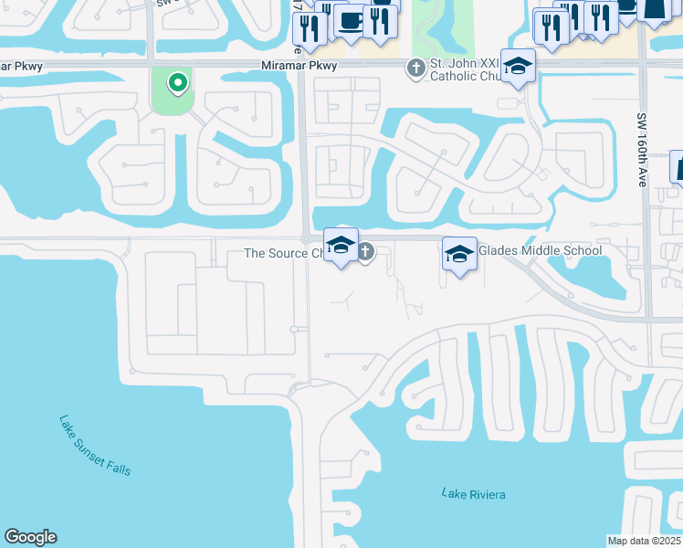map of restaurants, bars, coffee shops, grocery stores, and more near 17100 Southwest 48th Court in Miramar