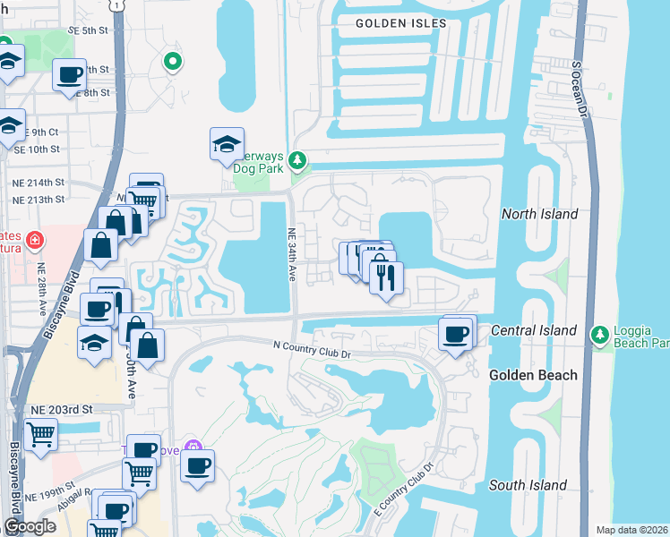 map of restaurants, bars, coffee shops, grocery stores, and more near 20945 Bay Court in Miami